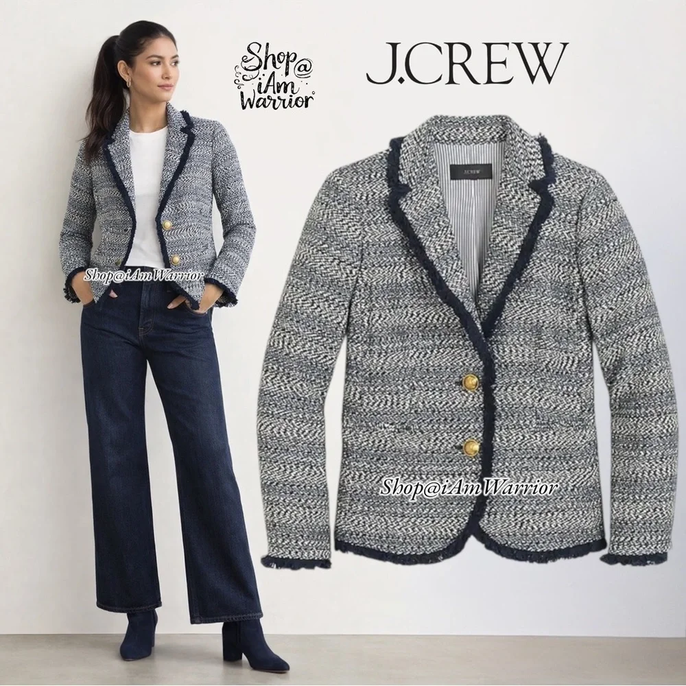 J.Crew NWT striped navy fringe tweed 2 gold button lady jacket *shop@iamwarrior